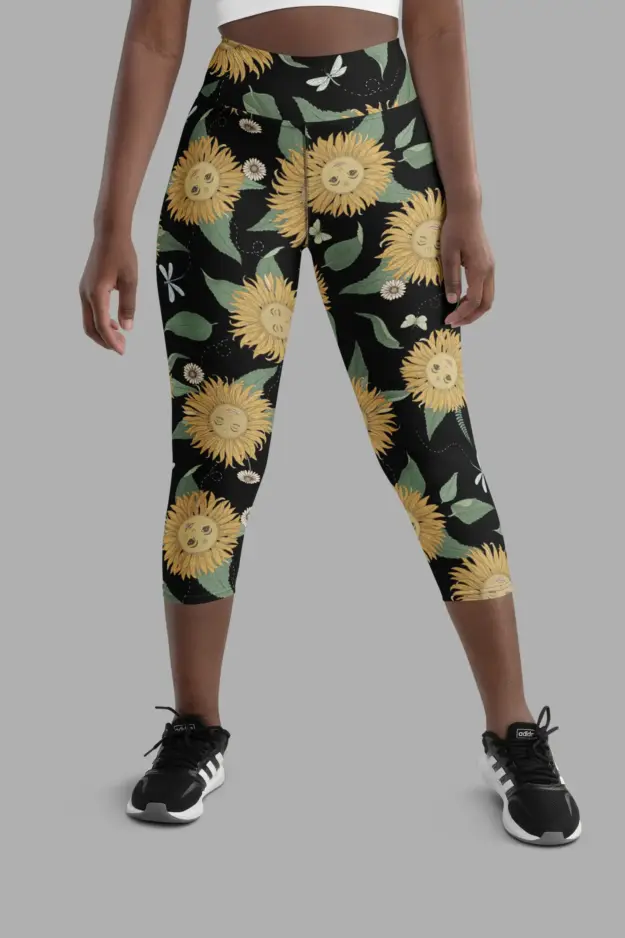 sunflower daze print yoga capri leggings