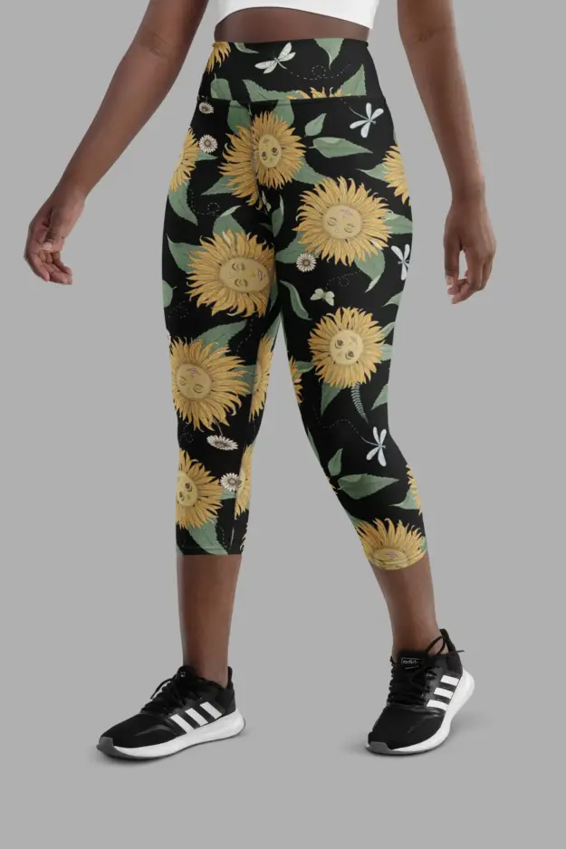 sunflower daze print yoga capri leggings