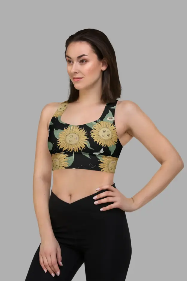 sunflower daze print recycled longline sports bra