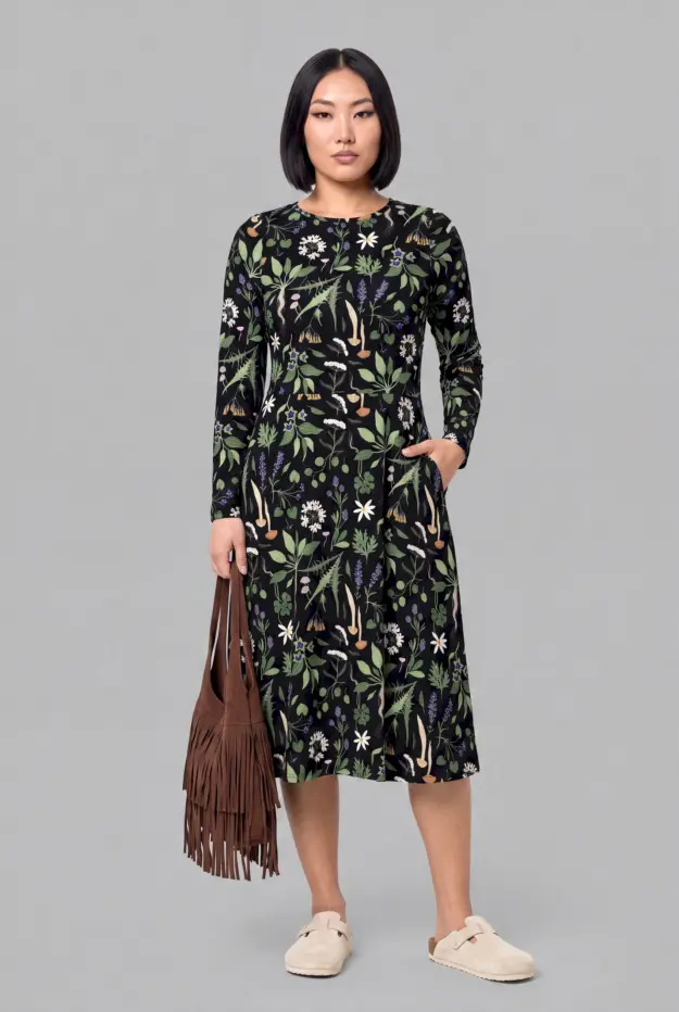 wiccans herbal print long sleeve midi dress