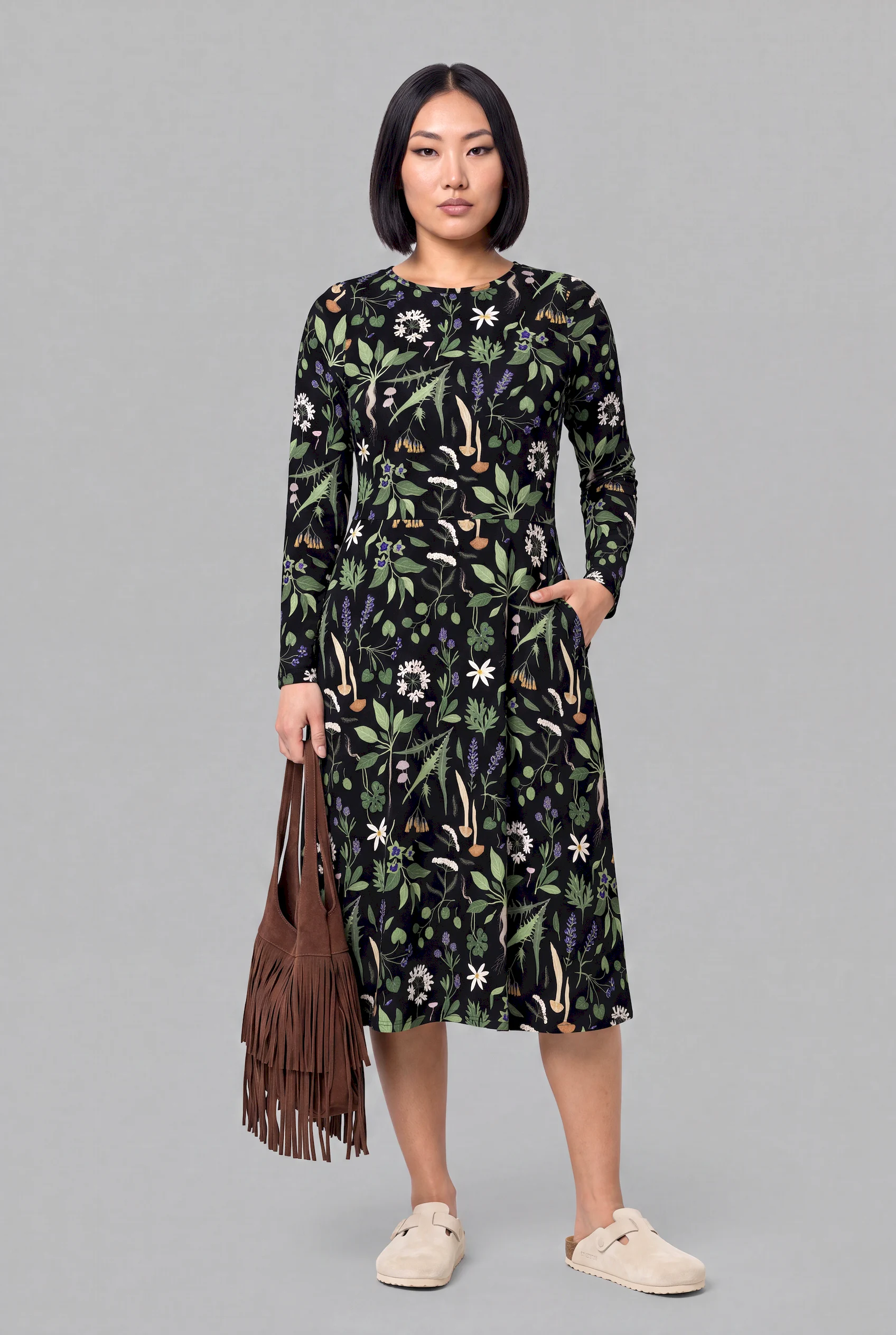 wiccans herbal print long sleeve midi dress