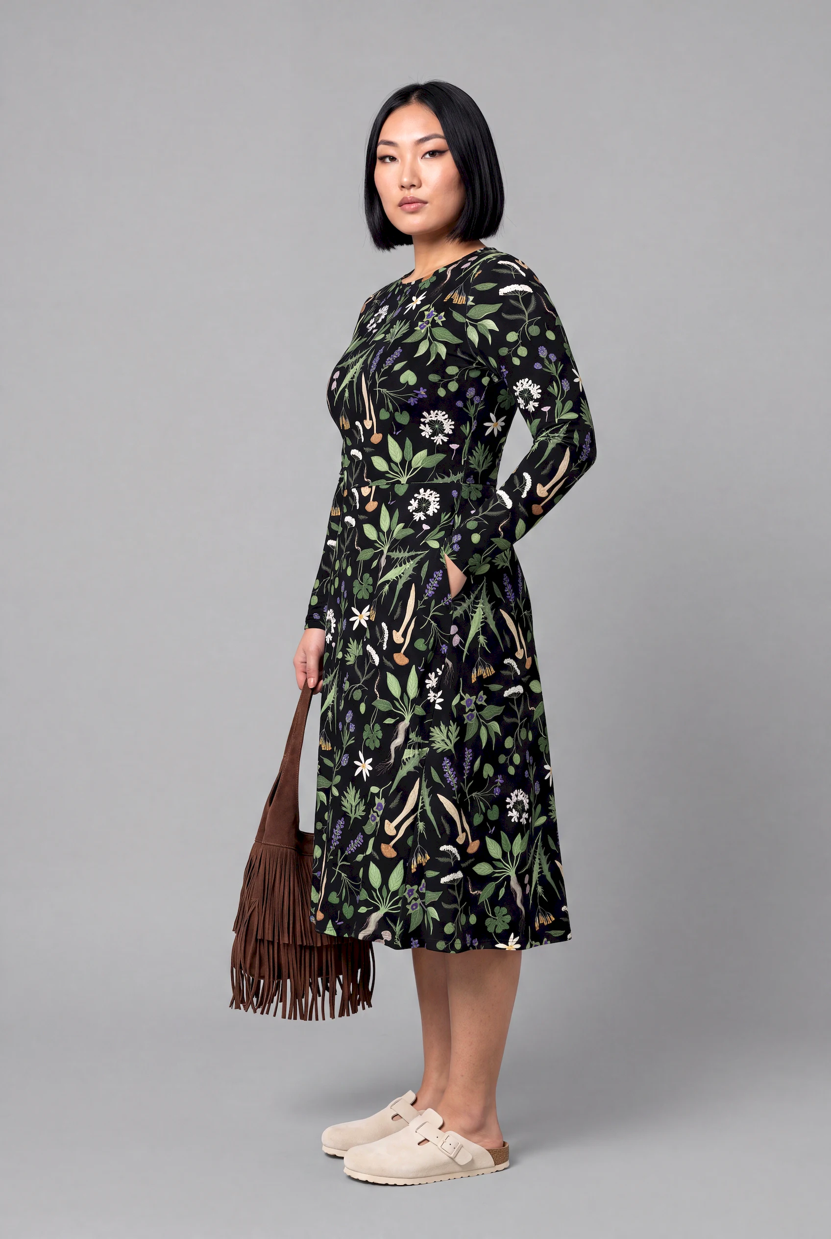 wiccans herbal print long sleeve midi dress