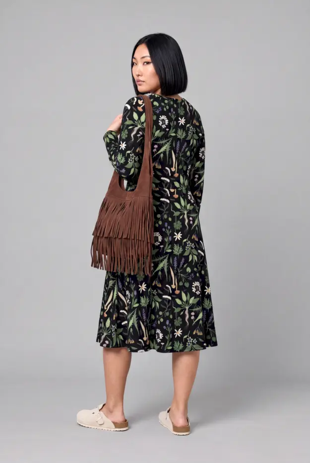 wiccans herbal print long sleeve midi dress