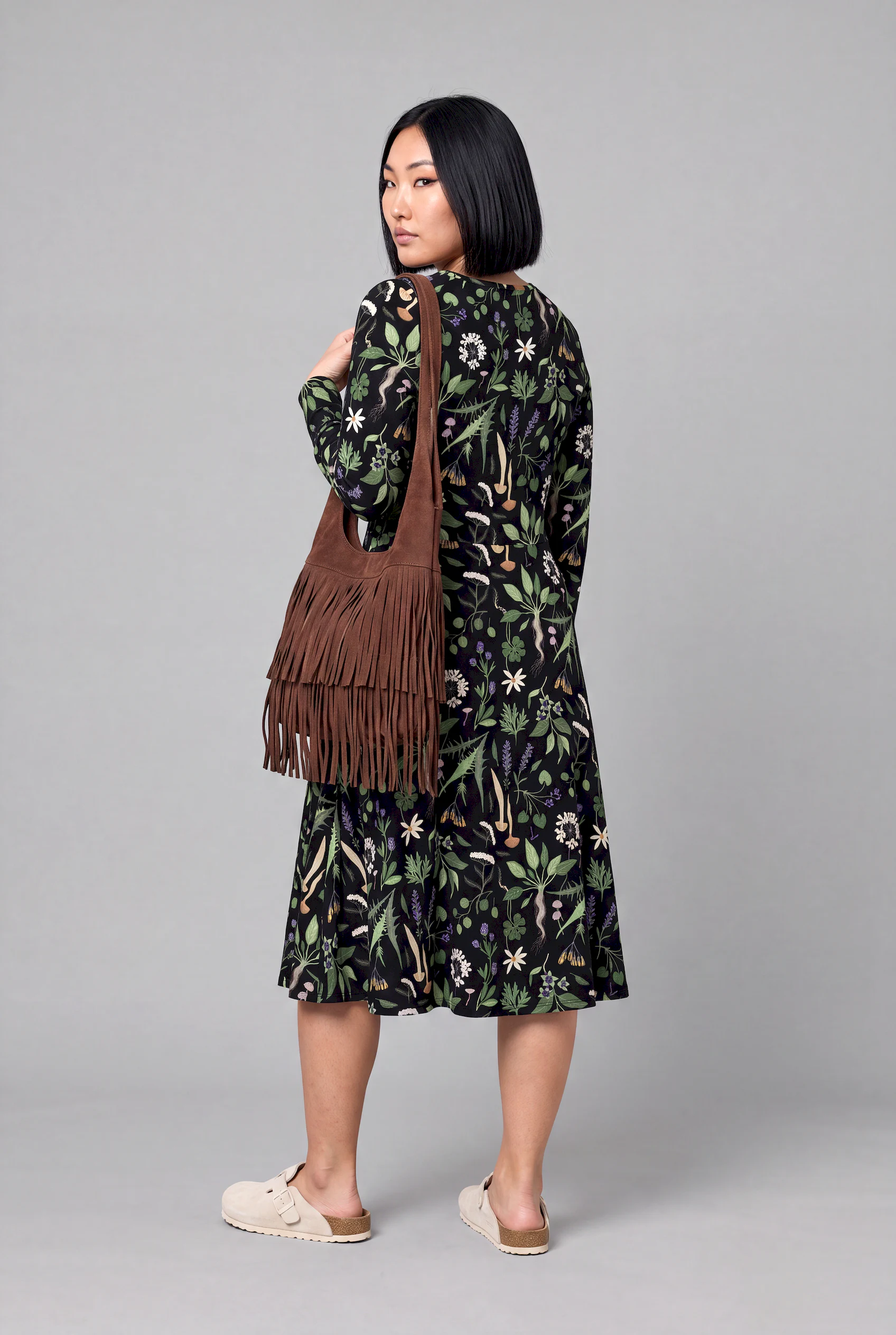 wiccans herbal print long sleeve midi dress