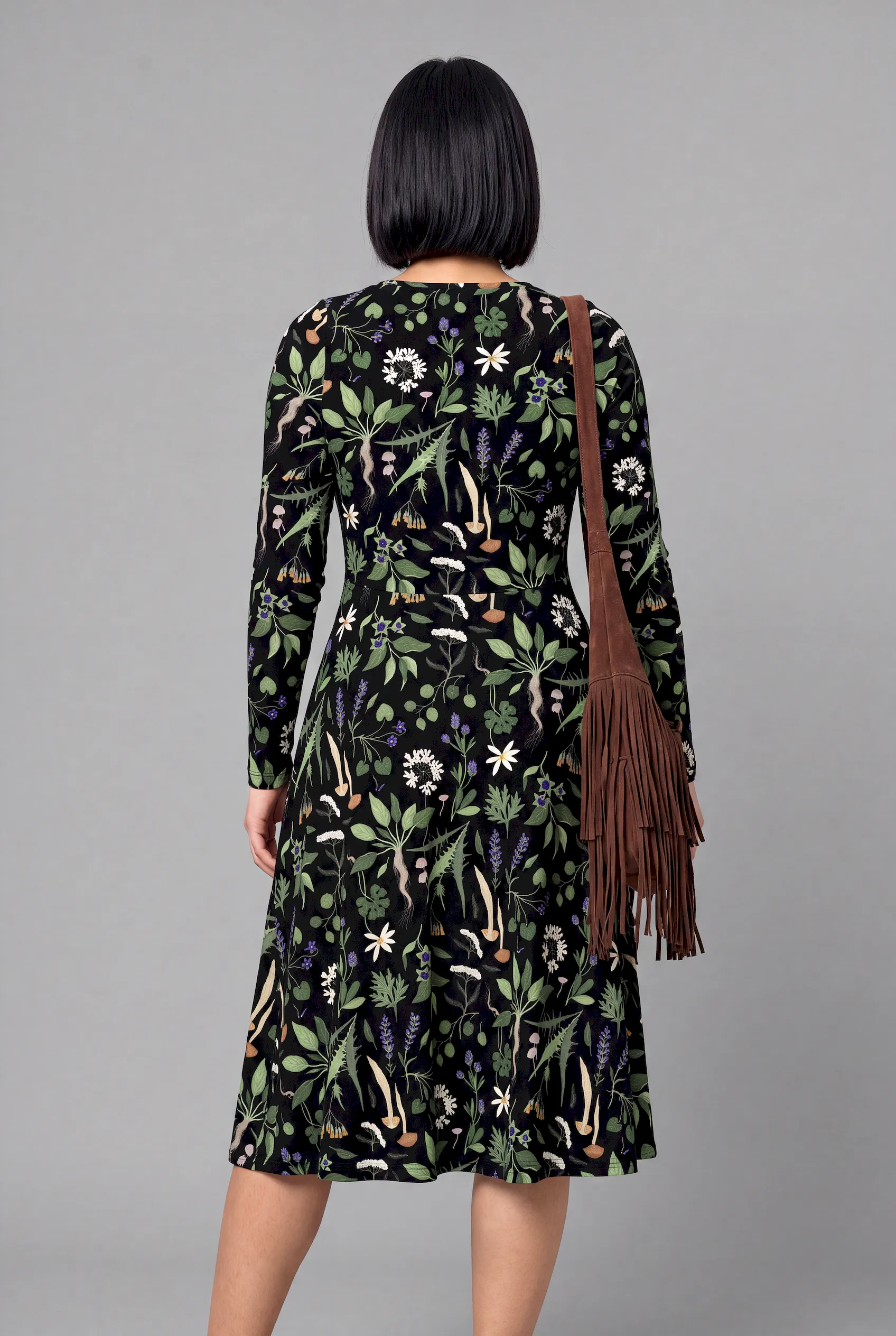 wiccans herbal print long sleeve midi dress