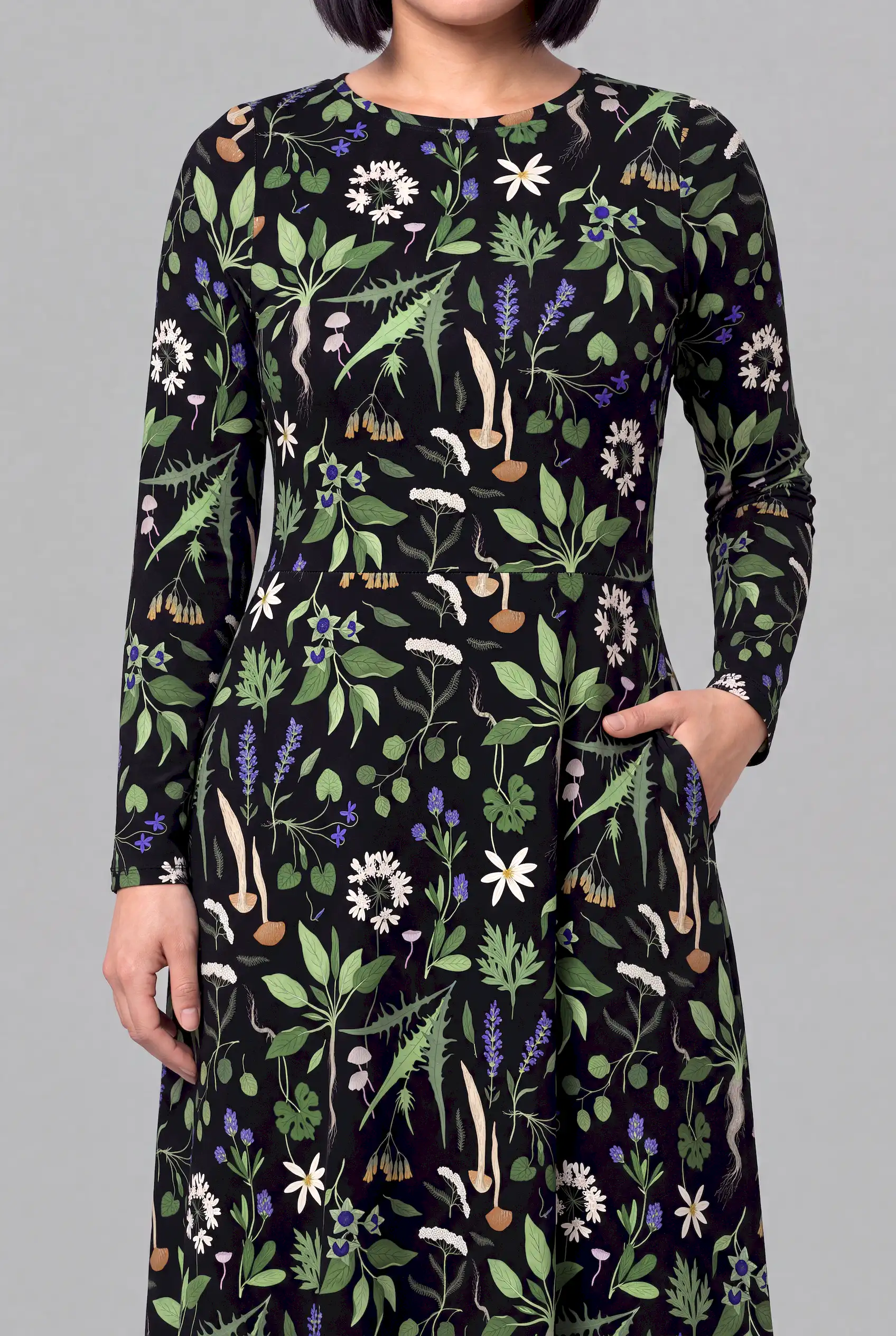 wiccans herbal print long sleeve midi dress