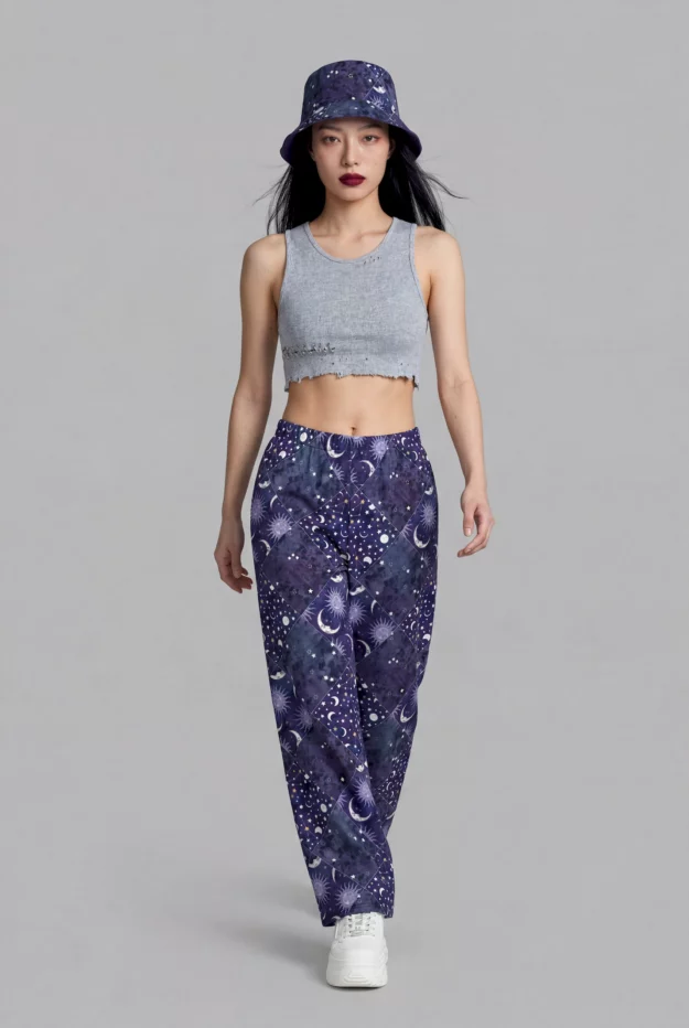 celestial patchwork print unisex wide leg pants