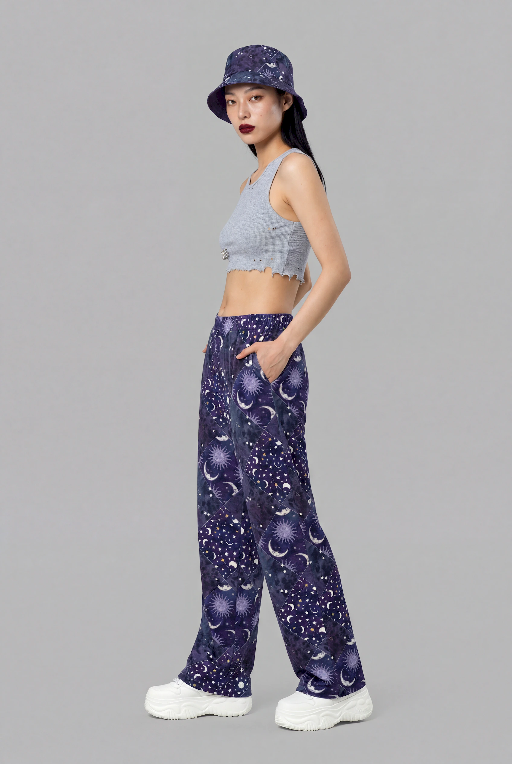 celestial patchwork print unisex wide leg pants