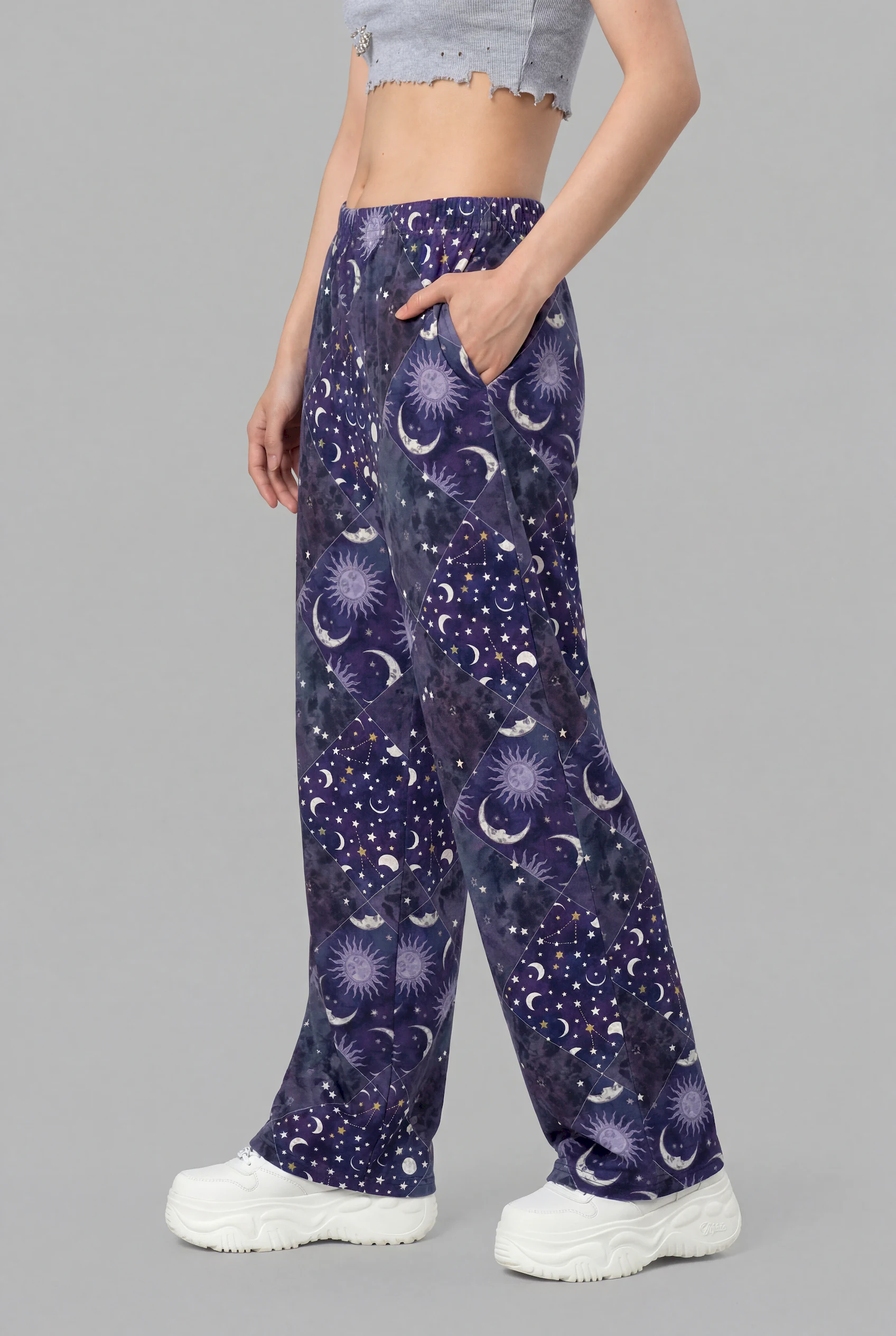celestial patchwork print unisex wide leg pants